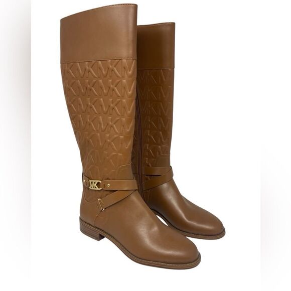 Michael Kors Sz 8.5 Tan Kincaid Embossed Logo Tall Riding Boots - Picture 1 of 7